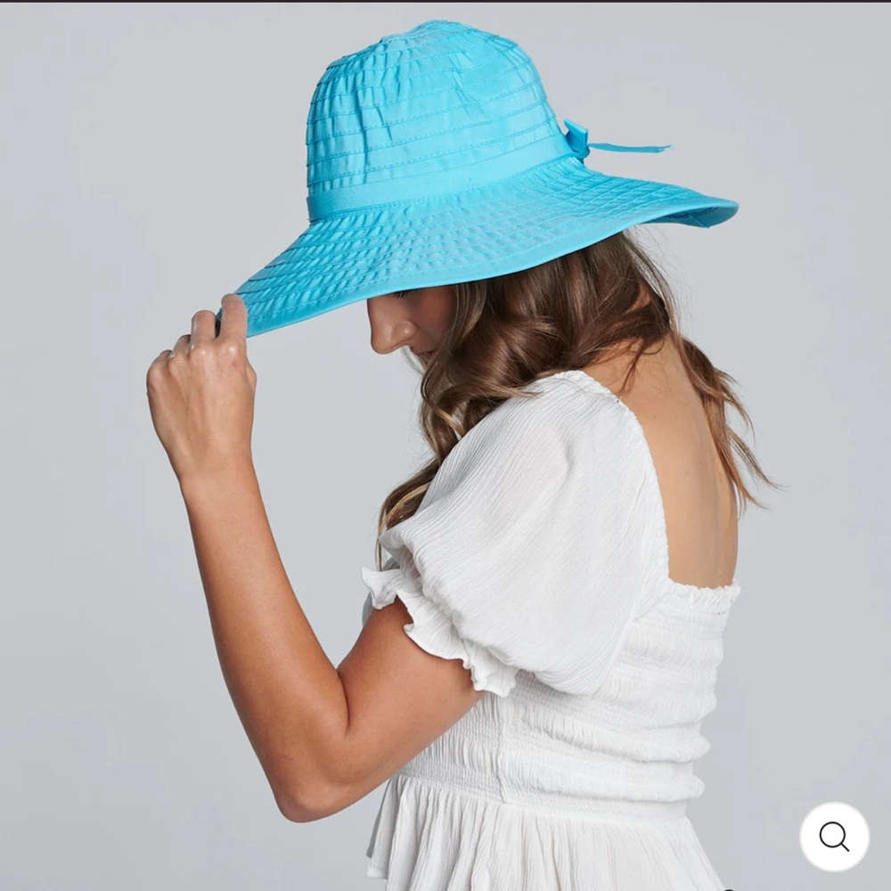 NWT San Diego Hat Company Aqua Large Brim Ribbon Hat with a Bow UPF 50+ Packable